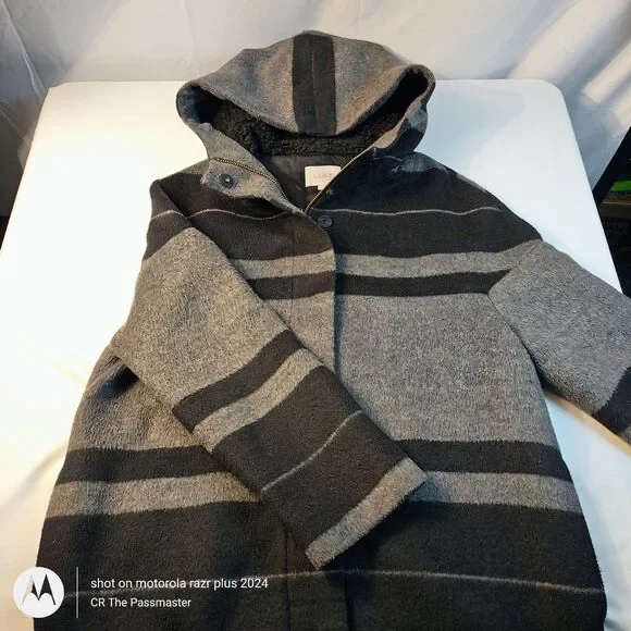 Ann Taylor LOFT Gray Black Striped Wool Blend Long Full Zip Coat*The Passmaster* - Picture 4 of 11